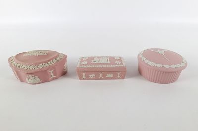 Lot of 3 Wedgwood Pink and White Jasperware Covered Trinket Boxes. Including Rectangular Oblong