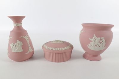 Lot of 3 Wedgwood Pink and White Jasperware Pieces. Including Vase and Bud Vase with Pegasus