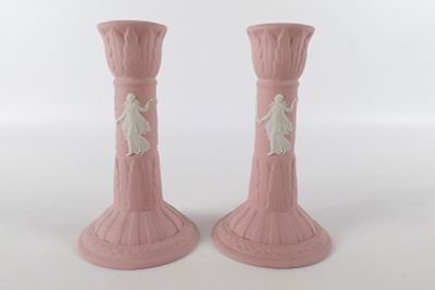 Pair of Wedgwood Pink Jasper Dancing Hours Candlesticks. Pair of Wedgwood Pink and White