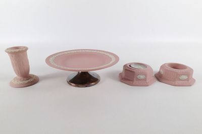 Lot of 4 Pink and White Jasperware Pieces. Including Silverplate Footed Cake Plate with Laurel