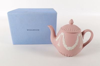 Wedgwood Pink and White Jasperware Miniature Teapot with Garland Motif. Measures 4" tall x 5"