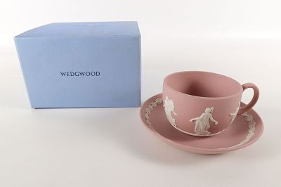 Wedgwood Pink Jasper Dancing Hours Cup and Saucer. Wedgwood Pink and White Jasperware Dancing
