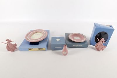 Lot of Wedgwood Pink and White Jasperware Pieces. Including Pair of Dancing Hours Ornaments