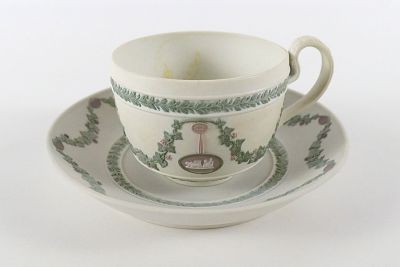 Wedgwood Three Colored Jasperware Cup and Saucer. Includes White, Lilac and Green Jasper. Cup