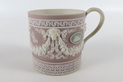Wedgwood Tri-Colored Jasperware Coffee Mug. White Relief on Lilac with Green Highlights. Handle