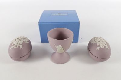 Lot of 3 Wedgwood Lilac and White Jasperware Pieces. Including (2) Floral Motif Egg Shaped