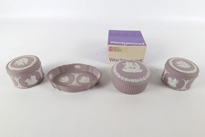 Lot of 4 Wedgwood Lilac and White Jasperware Pieces. Including Pair of Round Lidded Trinket