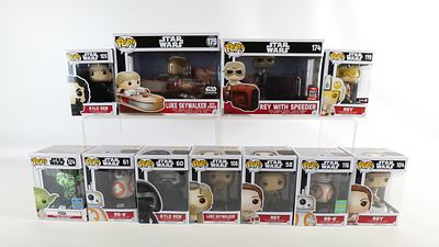 Lot of 11 Funko Star Wars Pops. Including Rey #58, Kylo Ren #60, BB-8 #61, Rey #104, Kylo Ren