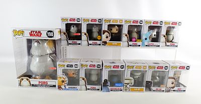 Lot of 13 Funko Star Wars Pops. Including Rey #190, Porg #198 Target Exclusive 10" Pop, Porg