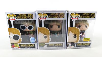 Lot of 3 Funko Kurt Cobain Pops. Including #64 Funko Exclusive, #65 Common, and #66 Hot Topic