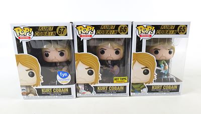 Lot of 3 Funko Kurt Cobain Pops. Including #65 Common, #66 Hot Topic Exclusive and #67 FYE