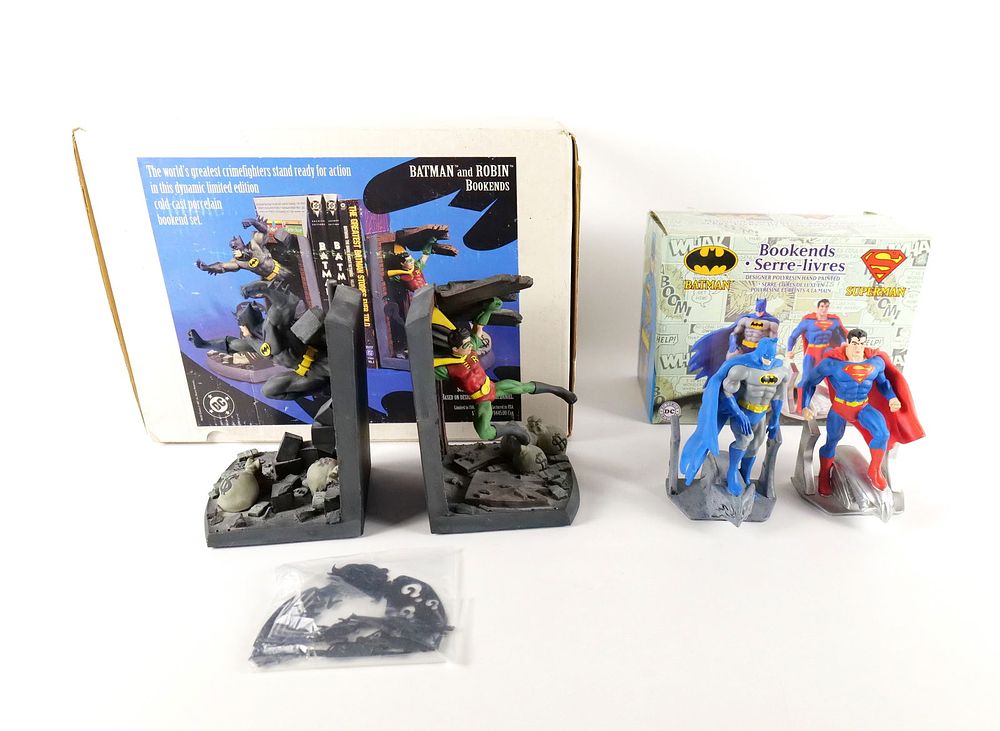 Lot of 2 DC Batman Bookend Sets. Including DC Comics Monogram Batman and Superman Polyresin 