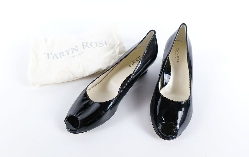 Lot 205: Taryn Rose Black Patten Leather Open Toe Wedges