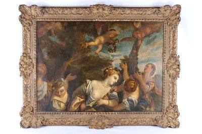 Late 18th/Early 19th Century Oil on Canvas. Depicting Man and Women with Cherub Tossing Fruit. 