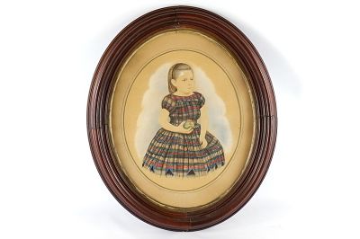 Victorian Hand Painted Portrait - Young Girl Seated Holding a Ball. Pencil and Watercolor. 