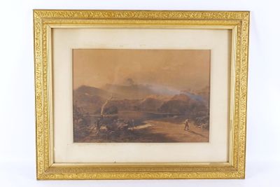 Victorian Print - Man Fishing. Victorian Print. Depicting Man Fishing in Pond in Mountainous 