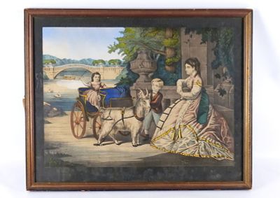 19th Century Lithograph - Girl with Carriage. 19th Century Lithograph. Depicting Girl Riding in 