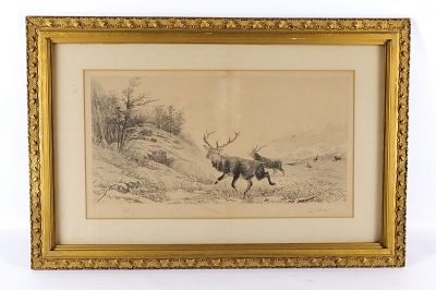 Victorian Print - Elk in Snowy Landscape. Victorian Print - Depicting Elk in Snowy Landscape. 