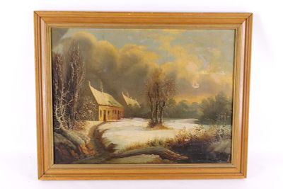 Oil on Canvas - Winter Cottage Scene. Oil on Canvas. Depicting a winter cottage scene. Does have 