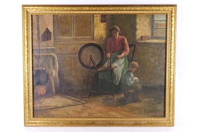 Oil on Canvas by H.S. McFalls. Depicting a Woman and Young Boy with Spinning Wheel. Signed 