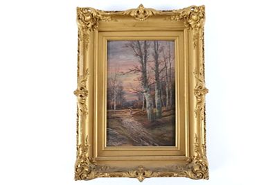 19th Century Oil on Wood Panel by B. Lambert (1843-1902). Depicting Fall Forest Scene with 
