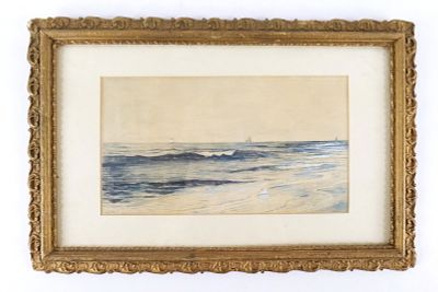 19th Century Watercolor on Paper. Depicting a coastal scene with boats. Artist signed lower 