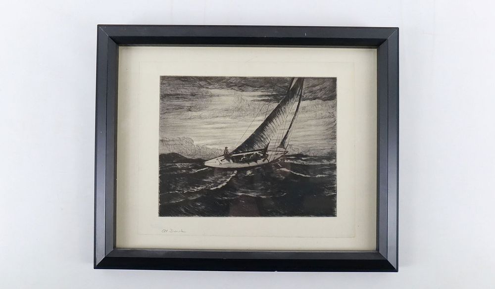 Lot 152: Engraving depicting a sail boat on a stormy sea