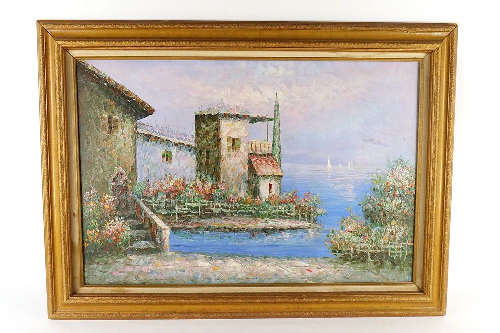 Lot 253: Oil on Canvas depicting a Home on the Shore