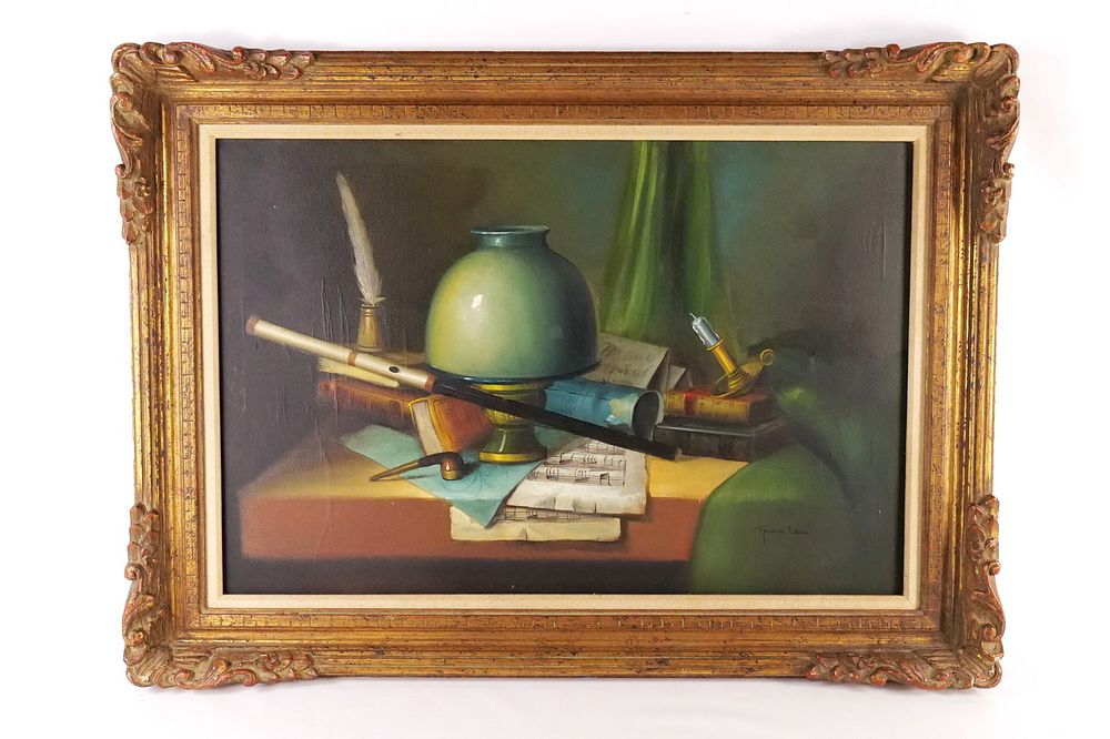 Lot 279: Oil on Canvas by Lean depicting a Still Life