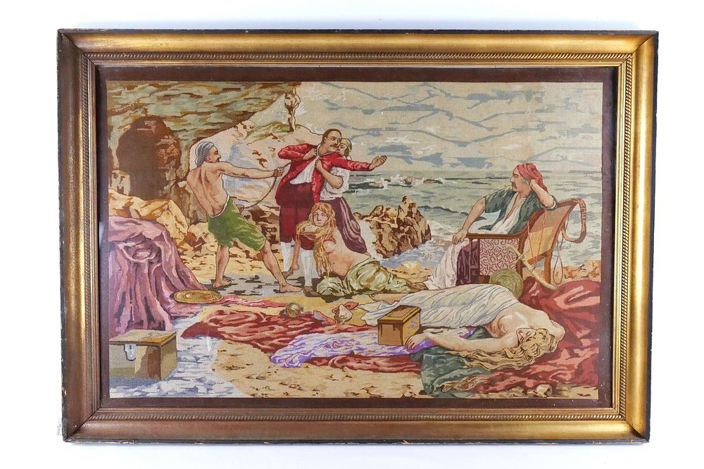 Lot 290: Framed Needlepoint depicting a Costal Scene