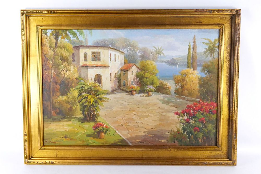 Lot 293: Oil on Canvas depicting a Cottage on a Lake