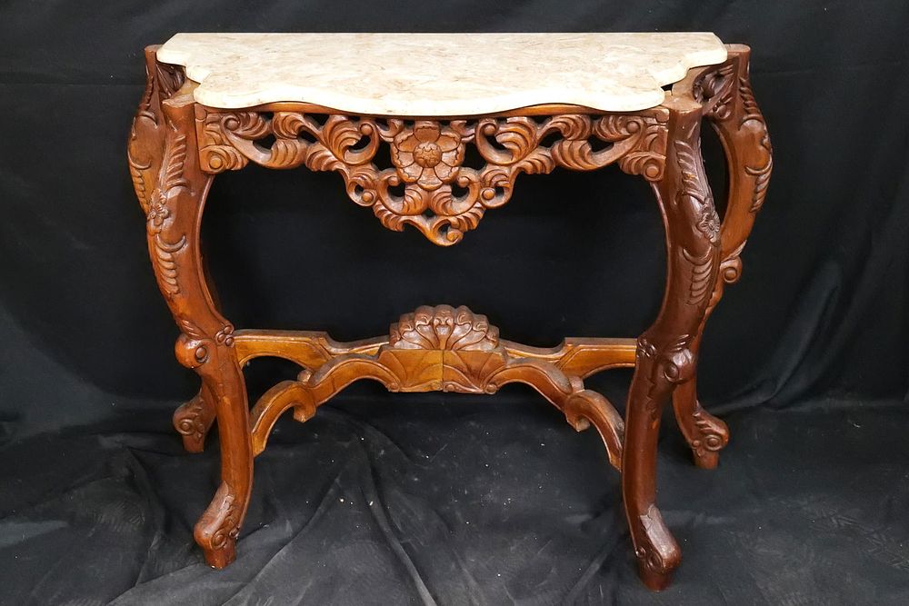 Lot 351: Marble Topped Oriental Style Carved Console Table
