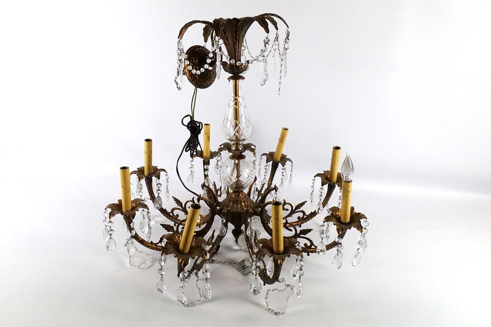 Lot 363: 8 -Arm Brass and Crystal Chandlier