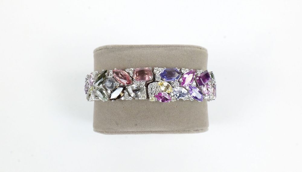 Lot 367: Oscar Friedman Multi Color Sapphire & Diamond Platinum Bracelet