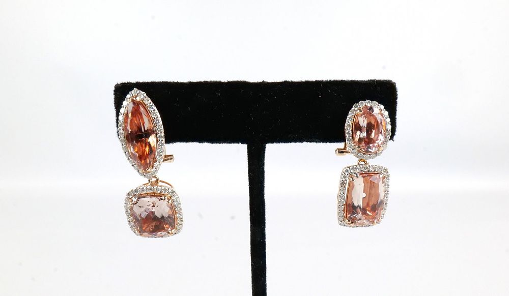 Lot 369: 14K Rose Gold Morganite and Diamond Earrings