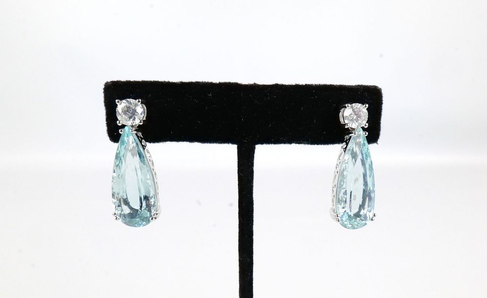 Lot 373: Platinum Aquamarine & Diamond Earrings
