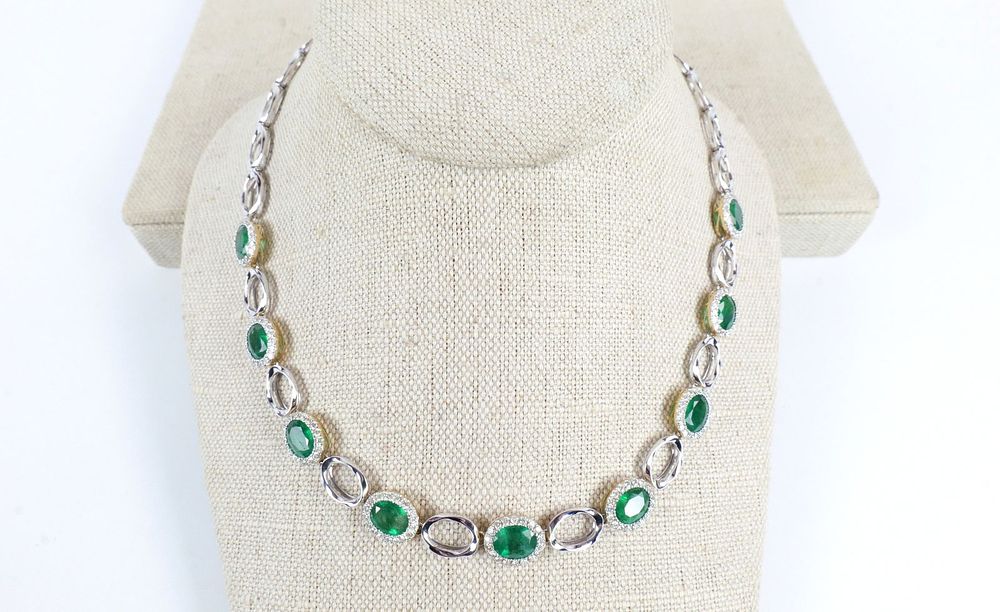 Lot 375: Oscar Friedman 14K Two Tone Emerald and Diamond Necklace