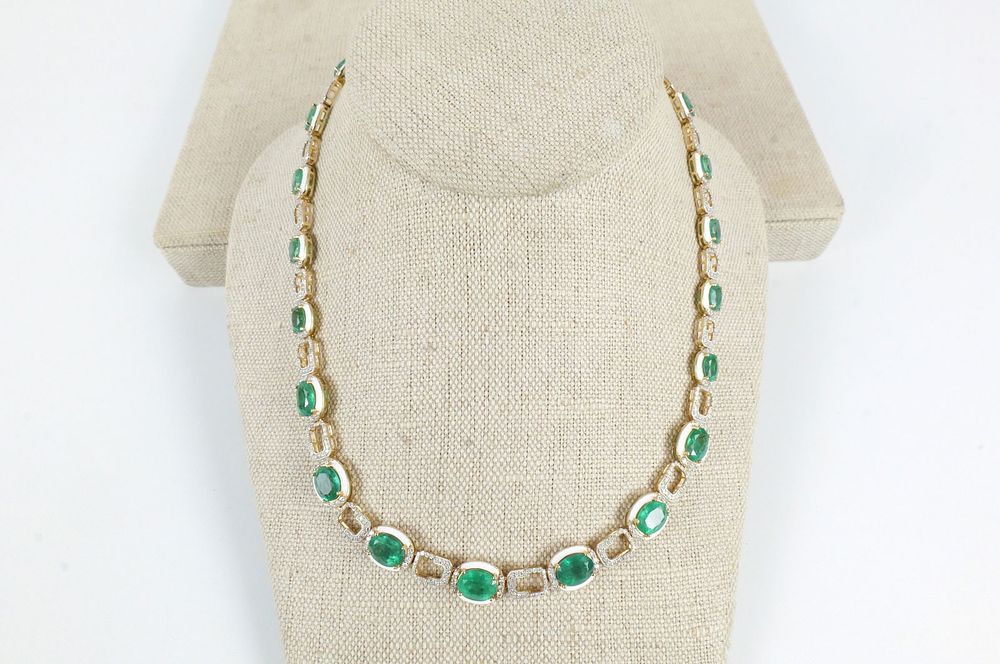 Lot 376: Oscar Friedman 14K Gold Emerald and Diamond Necklace