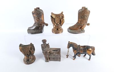 Lot of 6 Vintage Mixed Metal and Brass Western Banks. Includes Horse, 2 Boots, 2 Boots with 