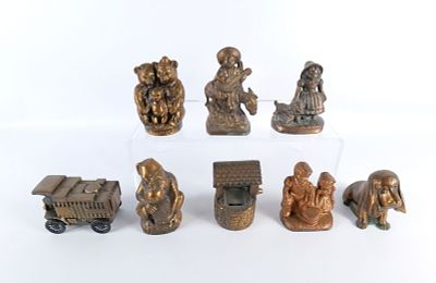 Lot of 8 Vintage Mixed Metal and Brass Banks. Includes Mary Had a Little Lamb, Jack &amp; Jill 
