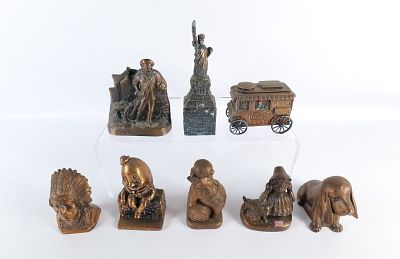 Lot of 8 Vintage Mixed Metal and Brass Banks. Includes The Minute Man, Morgan the Dog, Statue 