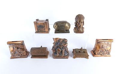 Lot of 8 Vintage Mixed Metal and Brass Banks. Includes Replica of Idaho White Pine Log, Idaho 