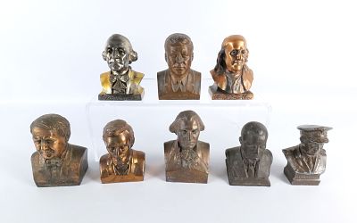 Lot of 8 Vintage Mixed Metal and Brass Bust Banks. Includes George Washington, The Edison Bank 
