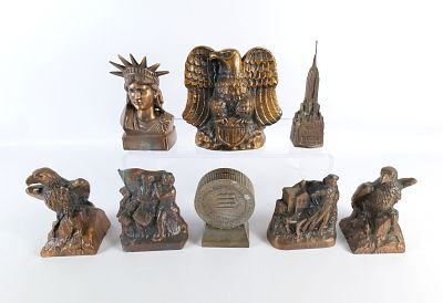 Lot of 8 Vintage Mixed Metal and Brass Americana Themed Banks. Includes Bald Eagles, The Spirit 