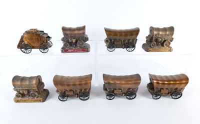 Lot of 8 Vintage Mixed Metal and Brass Wagon Banks. Includes Spring Branch State Bank, Empire 