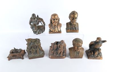 Lot of 8 Vintage Mixed Metal and Brass Banks. Includes Pirate, Abraham Lincoln, The Minute Man 