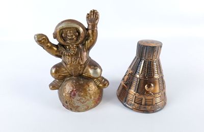 Lot of 2 Vintage Brass and Mixed Metal Space Themed Banks. Including Space Capsule and The 