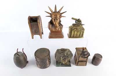 Lot of 8 Vintage Brass and Mixed Metal Banks. Including US Mail, Statue of Liberty Bust, Fort 