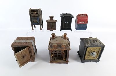 Lot of 7 Vintage Reproduction Cast Iron Banks. Including Safes, US Mail Box, Letters, Novelty 
