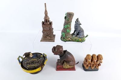 Lot of 5 Vintage Reproduction Cast Iron Banks. Including Tower, Dog with Squirrel, Bulldog 